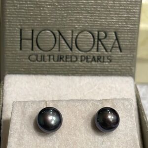14K Yellow Gold Honora Freshwater Pearl Metallic Black Earrings NWOT